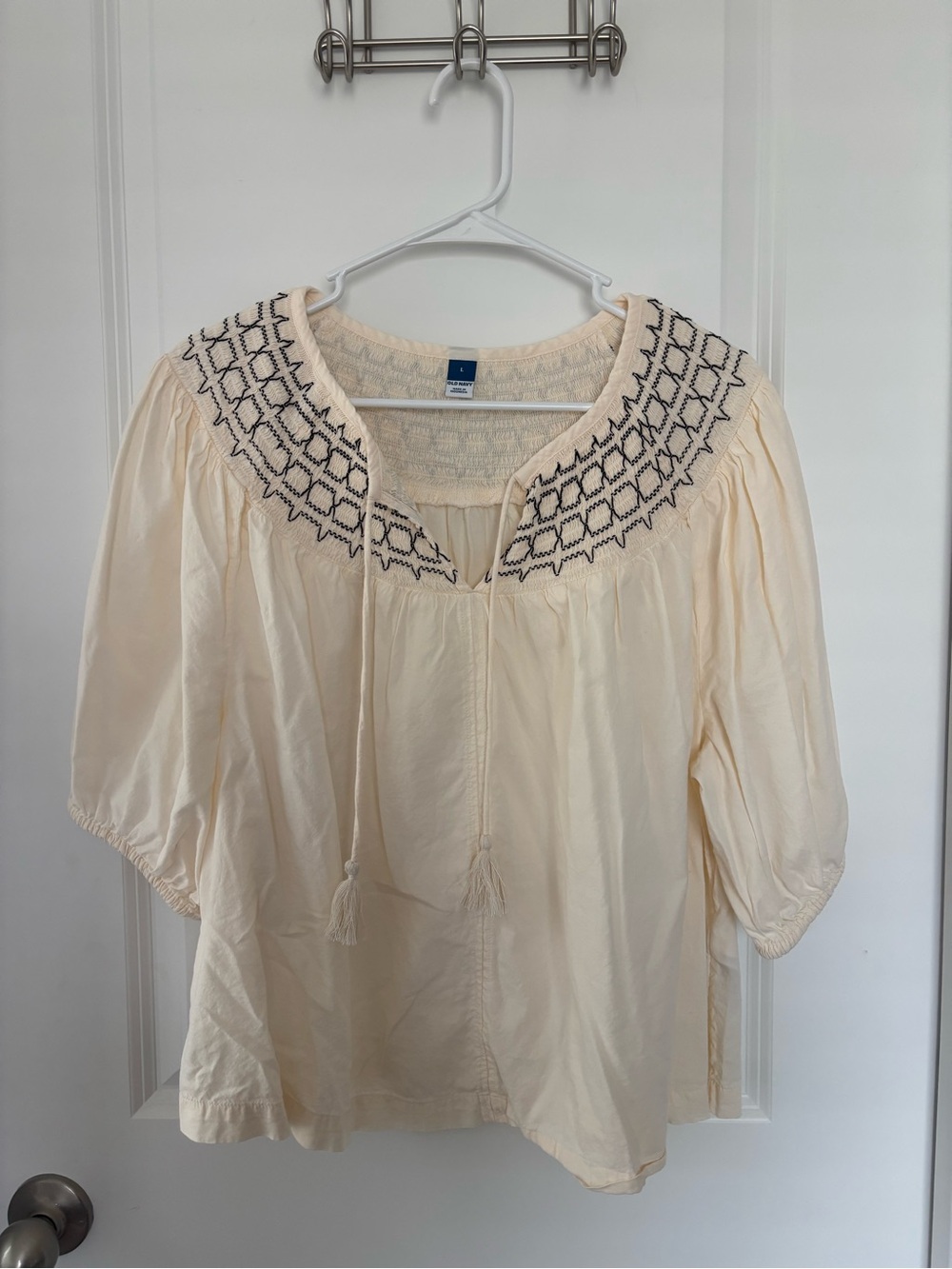 Old Navy Cream Peasant Blouse with Black Embroidery